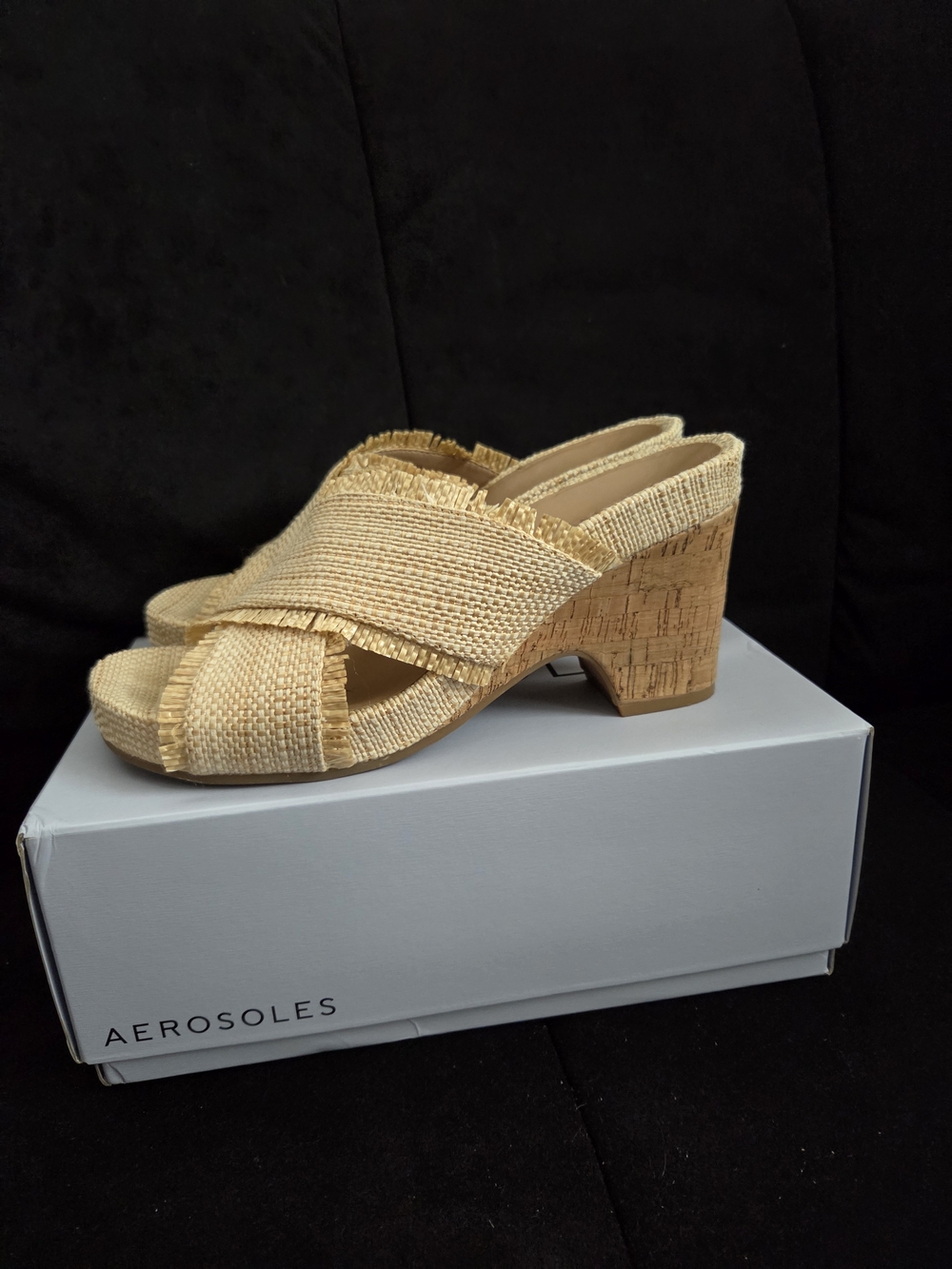 Aerosoles Women's Tan Woven Cork Heel Slide Sandals